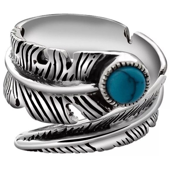 LAST! NEW 925 Sterling Silver Feather  Turquoise Ring |  Adjustable Size - Picture 6 of 16